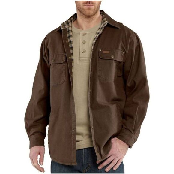 Carhartt Men's Plaid Lined Heavy Canvas Snap Up Long Shirt Jacket Shacket Brown - Picture 1 of 6